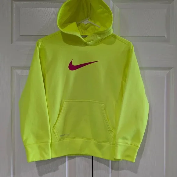 Nike Kids Pullover Hoodie Size Medium, Neon Green, Pink Swoosh, Therma-Fit - Picture 2 of 16